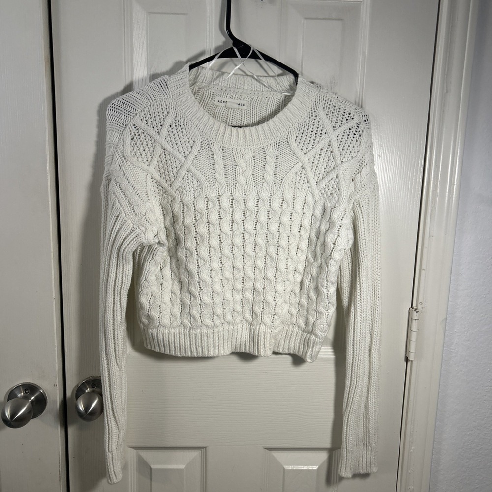 Aeropostale Knit Sweater Sz XS White Cropped Cables Fisherman Preppy‎